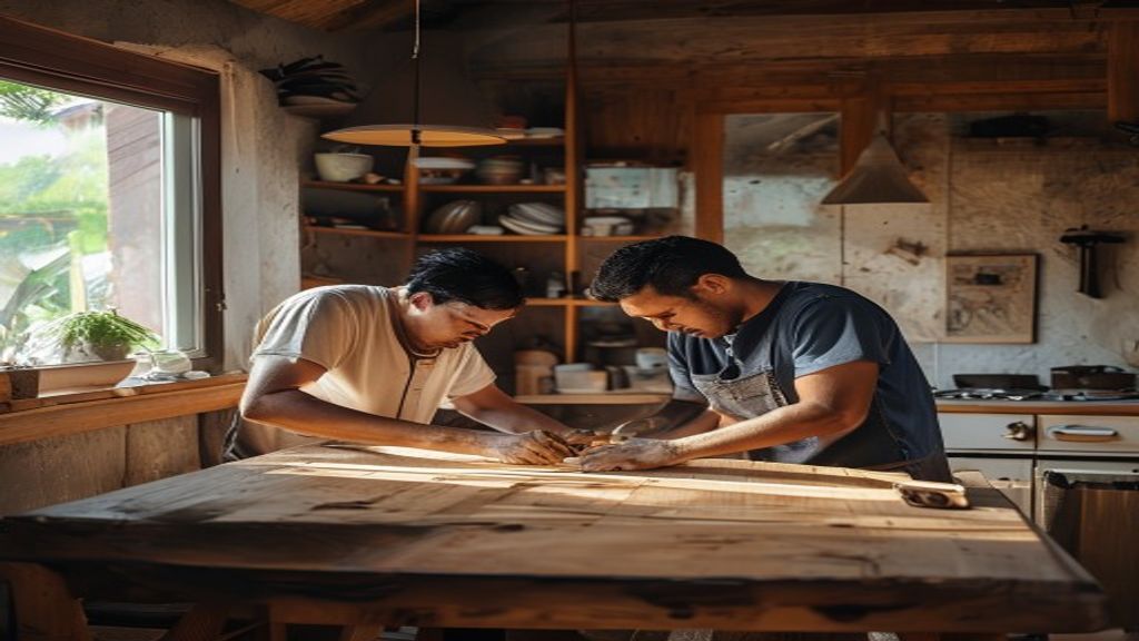 Jasa pembuatan meja dapur custom di Magetan, desain modern, kualitas kayu premium.