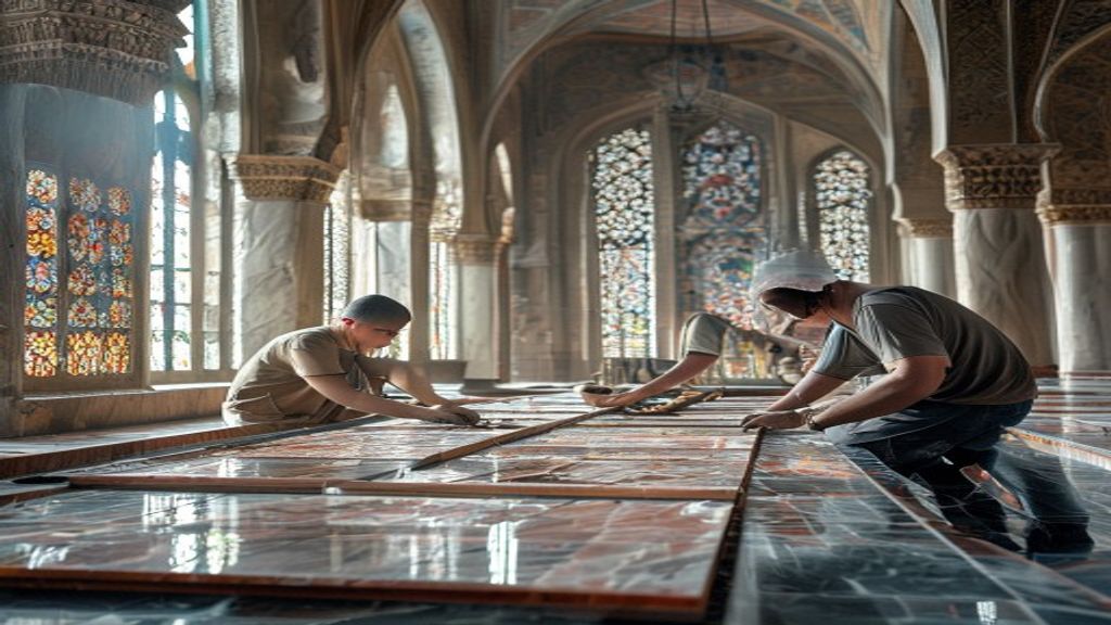 Pekerja memasang granit berkualitas pada lantai masjid di Magetan, menampilkan detail pengerjaan profesional.