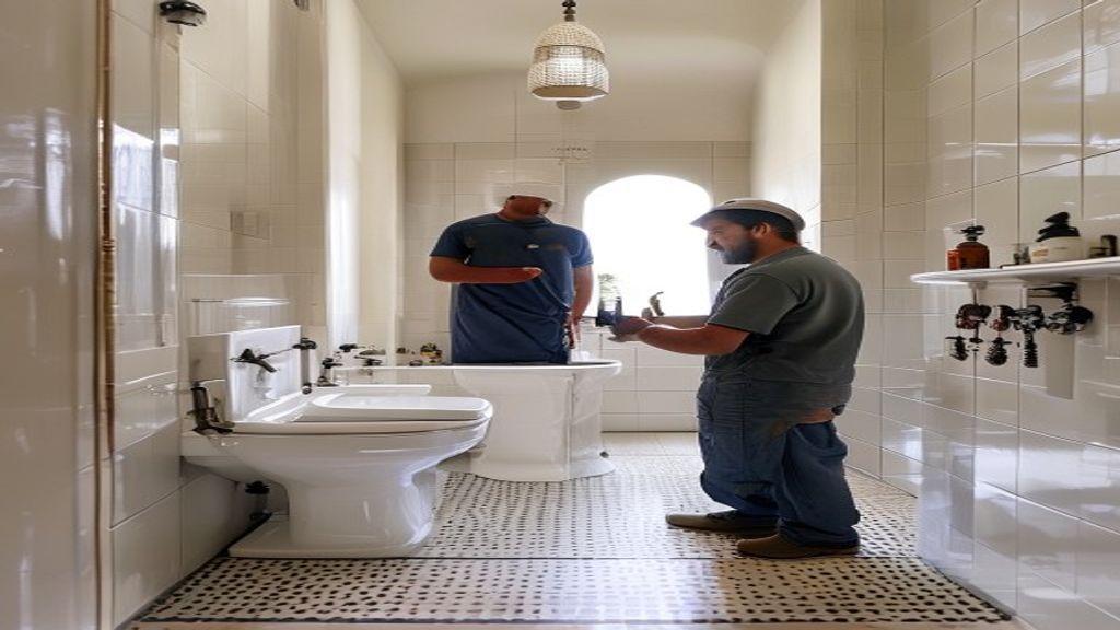 Tukang renovasi memperbaiki toilet masjid di Magetan dengan peralatan modern dan sarana kebersihan lengkap