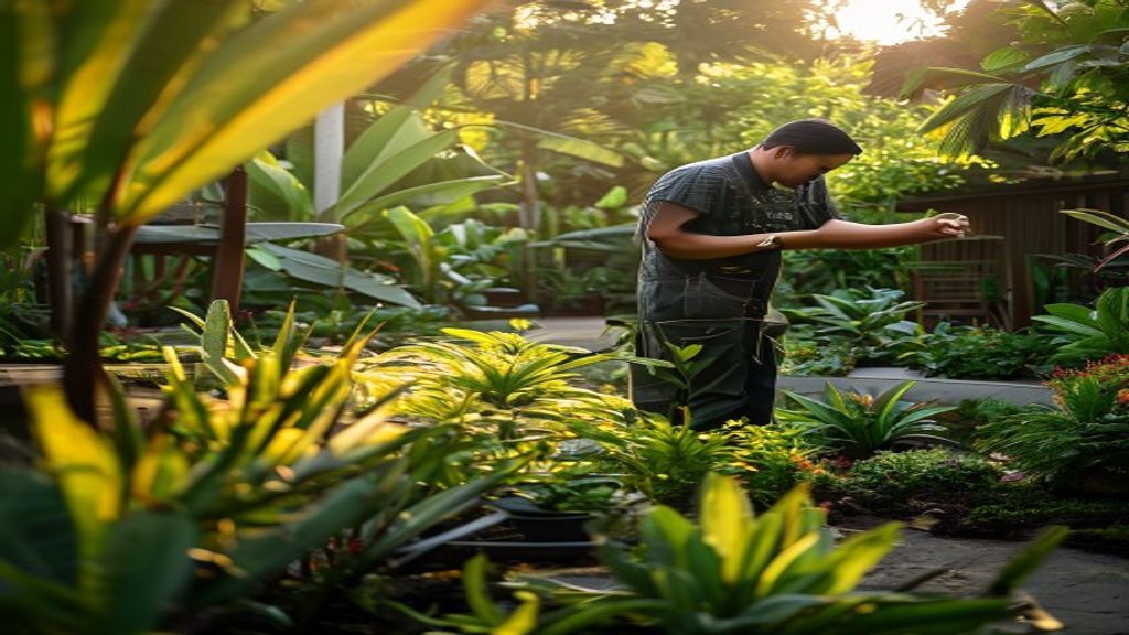 Tukang taman profesional di Magetan merapikan kebun dengan teknik landscaping modern.